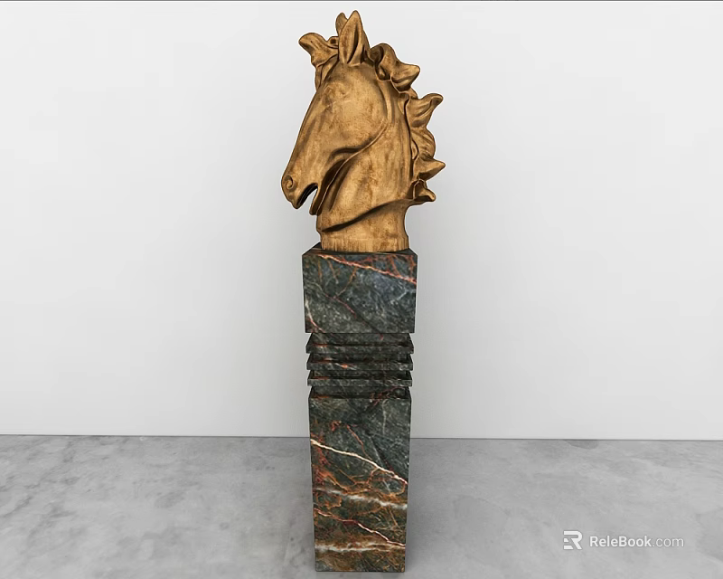 Wooden Horse Head Sculpture On Marble Pedestal With Intricate Carving Details 3d model 