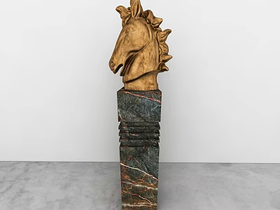 Wooden Horse Head Sculpture On Marble Pedestal With Intricate Carving Details 3d model