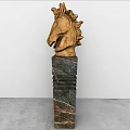 Wooden Horse Head Sculpture On Marble Pedestal With Intricate Carving Details