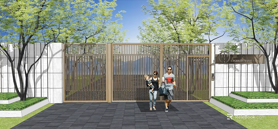 Modern Entrance Gate With Wooden Slat Design Surrounded By Trees And Family Walking Towards 3d model 
