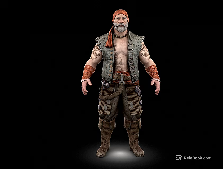 Muscular Bearded Man With Bandana Vest And Tactical Pants Standing 3d model 
