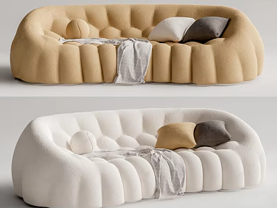 Modern Multi Seater Sofa In Beige And White With Ribbed Design Pillows And Blanket 3d model