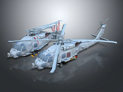 Two Military Helicopters Parked On Reflective Ground With Gray Body And Rotors 3d model