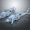 Two Military Helicopters Parked On Reflective Ground With Gray Body And Rotors