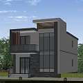 Modern Detached Villa Exterior Design With Large Glass Windows Balcony And Stone Wall