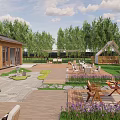 Tranquil Park Landscape With Wooden Pavilion Outdoor Tables Lavender Flowers And Green Trees