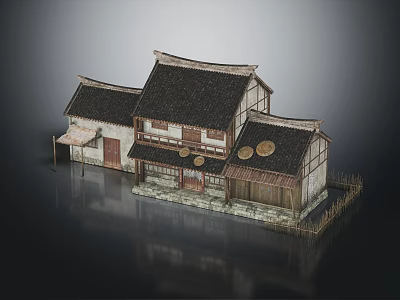 Traditional Chinese Architecture With Classic Tile Roof Wooden Structure Stone Base And Fence 3d model