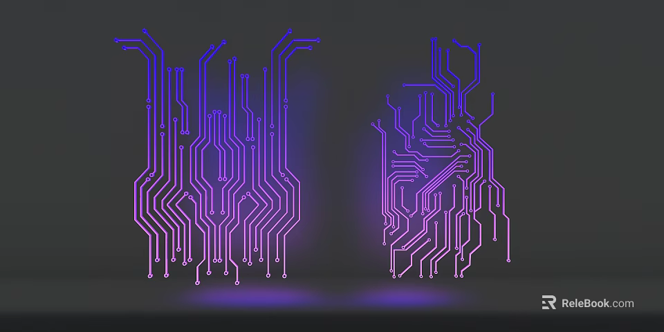 Neon Illuminated Circuit Board Lines in Blue And Purple Against Dark Background with Intricate Patterns 3d model 