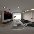 Modern Dining and Living Room Interior With Gray Cabinets TV Wall And Wooden Flooring