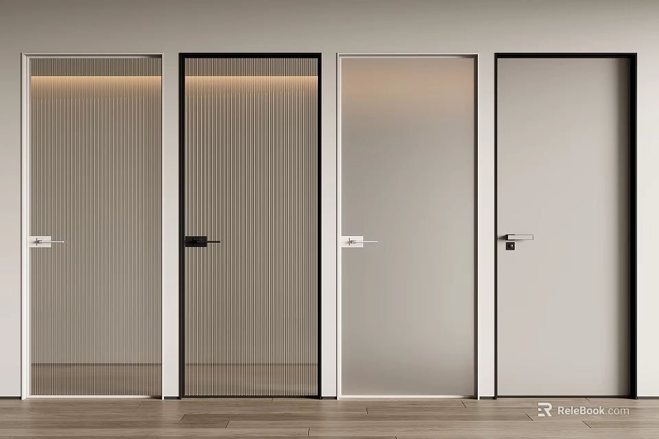 Modern Flush Doors With Striped Frosted And Solid Panel Designs 3d model