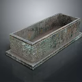 Ancient Bronze Rectangular Vessel With Intricate Carvings Patina And Base Stand