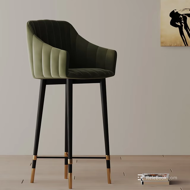 Elegant Green Velvet Bar Stool With Quilted Design And Black Metal Legs With Gold Accents 3d model 