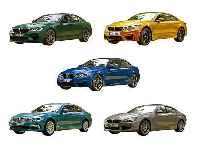 BMW Luxury Sport Sedans in Green Yellow Blue Teal and Silver Colors 3d model