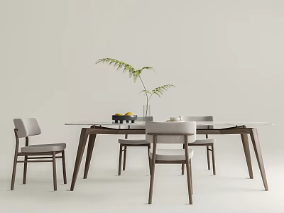 Modern Minimalist Dining Table Set With Glass Top Wooden Legs And Light Gray Upholstered Chairs 3d model