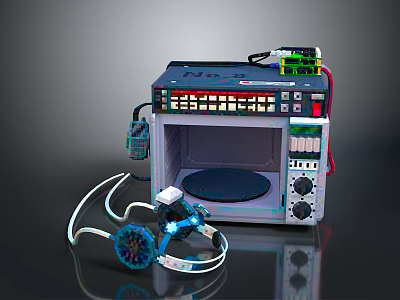 Modified Microwave Oven With Attached Electronic Components Control Panel And Cables 3d model