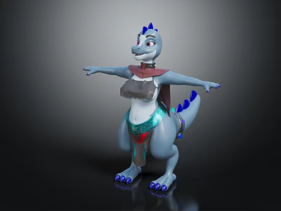 Blue Horned Dragon like Character in Decorative Attire Standing with Outstretched Limbs 3d model