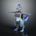 Blue Horned Dragon like Character in Decorative Attire Standing with Outstretched Limbs