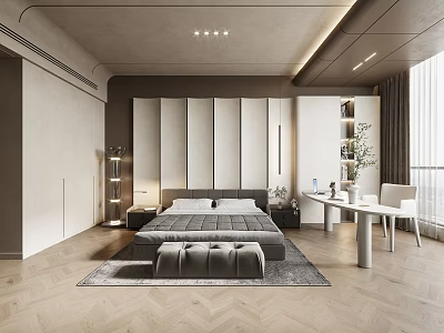 Modern Bedroom Interior With Vertical Panel Headboard Wall King Bed Bench And Herringbone Wooden Floor 3d model