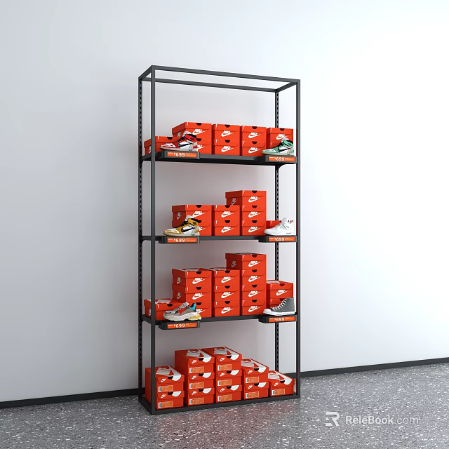 Red Shoe Boxes and Sneakers on Multi tier Metal Display Rack 3d model