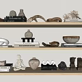 Decorative Ornament Set On Wooden Shelves With Vases Books Sculptures And Decor Items