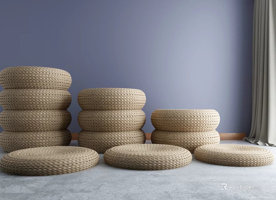 Woven Round Cushions Stacked and Scattered on Gray Floor Against Blue Wall with Gray Curtain 3d model 