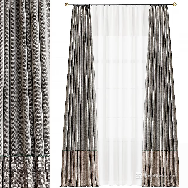 Dual Layer Curtain Design With Textured Gray Outer And Sheer White Inner Panels 3d model 