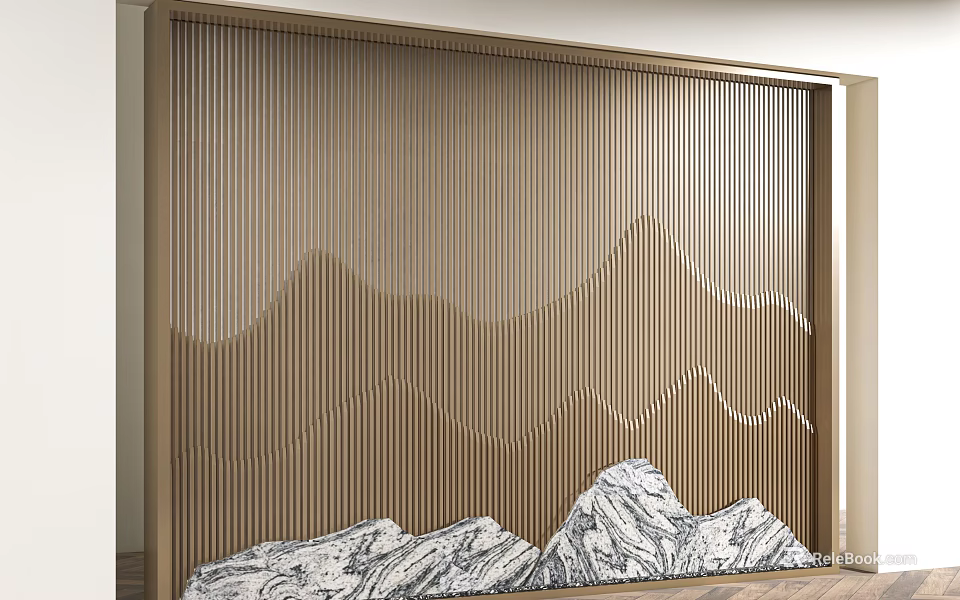 Modern Interior Decorative Partition With Vertical Slats Mountain Pattern And Marble Base 3d model