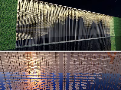 Modern Building Facade With Vertical Lines Greenery And Illuminated Glass Reflections 3d model