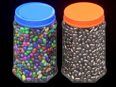 Transparent Glass Jars With Blue Orange Lids Filled With Colorful And Black Silver Beans 3d model
