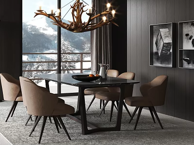 Modern Dining Table Set With Beige Chairs Branch Chandelier Snowy Mountain View Through Window 3d model