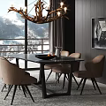 Modern Dining Table Set With Beige Chairs Branch Chandelier Snowy Mountain View Through Window