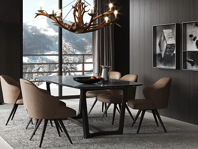 Modern Dining Table and Chair Combination Bar Dining Table and Chair Antler Chandelier 3d model