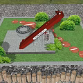 Red and White Inclined Sculpture with Stone Tablet in Night Garden Setting Surrounded by Trees