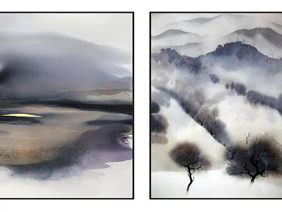 Abstract Paintings Featuring Misty Mountain Landscapes Ink Wash Style Gray Purple Tones And Silhouette Trees 3d model