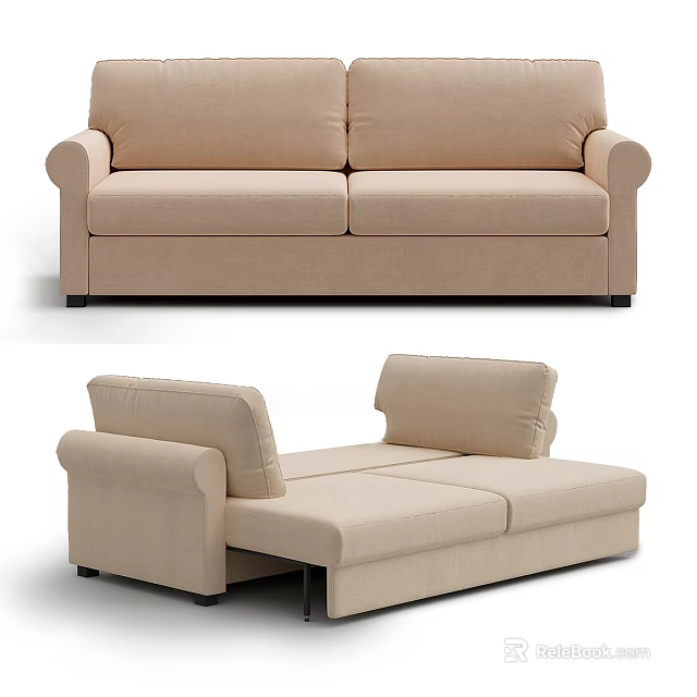 Modern Three Seater Beige Fabric Sofa With Convertible Sofa Bed Design 3d model