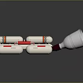 Technical Mechanical Assembly With Silver Horn Shaped Parts Red Accents And White Base