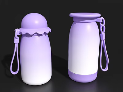 Two Purple And White Gradient Water Bottles With Round Lids And Lanyards 3d model