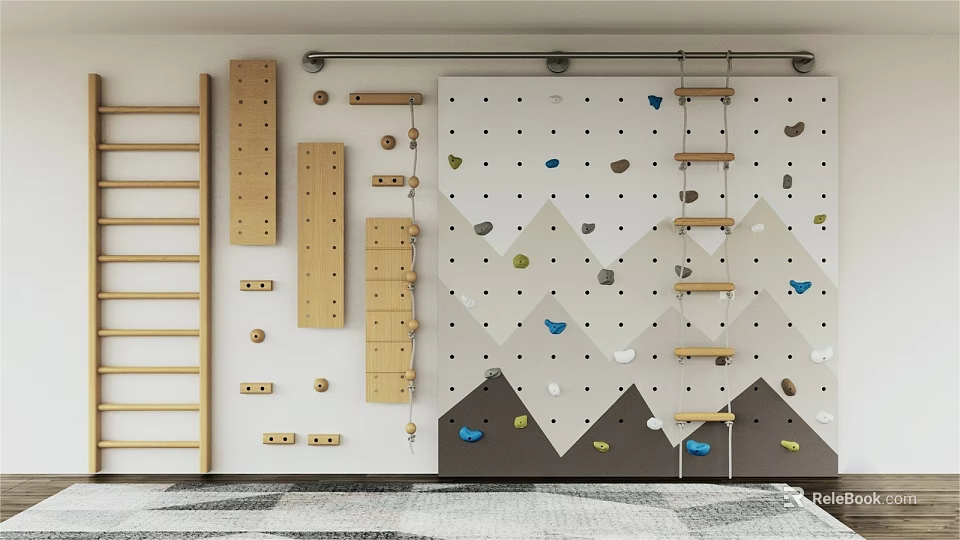 Kids Room Interior With Climbing Wall And Wooden Play Structures 3d model 