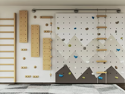 Kids Room Interior With Climbing Wall And Wooden Play Structures 3d model