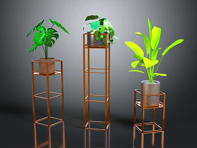 Stylish Copper Metal Plant Stands With Green Leafy Plants For Garden Decor 3d model