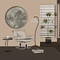 White Lounge Chair with Round Moon Decor Floor Lamp Side Table and Potted Plant