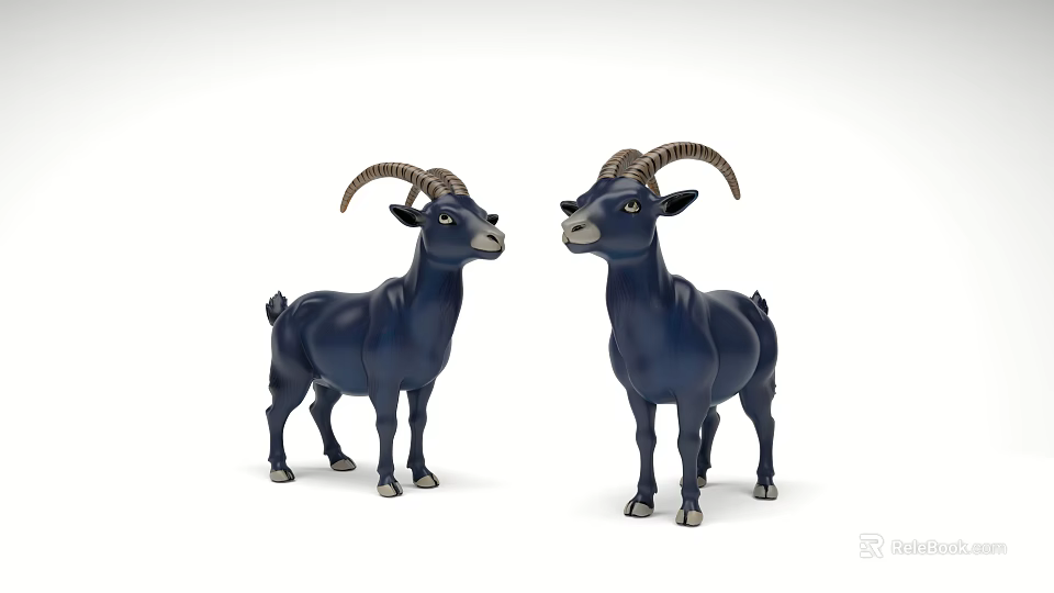 Dark Blue Goat Figurines With Curved Horns Standing Facing Each Other 3d model 