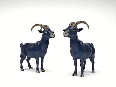 Dark Blue Goat Figurines With Curved Horns Standing Facing Each Other 3d model