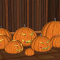 Lit Halloween Pumpkin Lantern Decorative Lights With Wooden Floor And Wall Background
