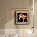 Abstract Painting With Black Frame On Beige Wall In Bedroom Interior With Hanging Light Fixture