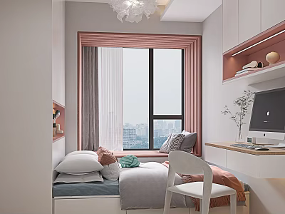 Tatami Bedroom Interior With Bay Window City View Desk Computer And Pink Accents 3d model