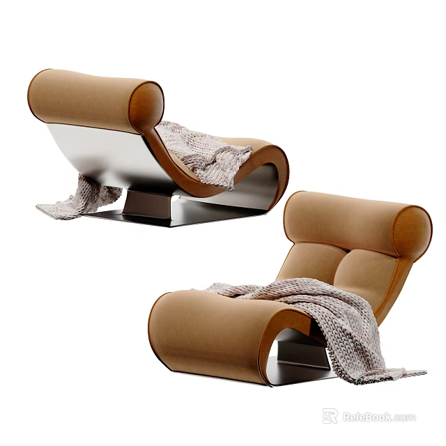 Modern Curved Brown Lounge Chair with Metal Frame and Gray Blanket 3d model 