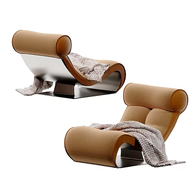 Modern Curved Brown Lounge Chair with Metal Frame and Gray Blanket 3d model