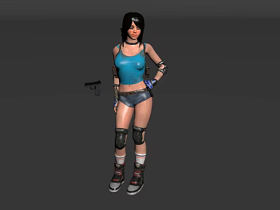 Woman In Blue Tank Top And Gray Shorts With Knee Elbow Pads And Gun 3d model