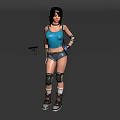 Woman In Blue Tank Top And Gray Shorts With Knee Elbow Pads And Gun